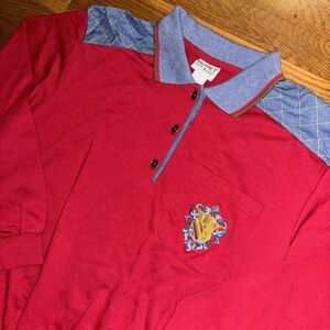 VTG Koret City Blues Womens Large LS Polo Red Floral‎ Crest Chambray 90s Preppy